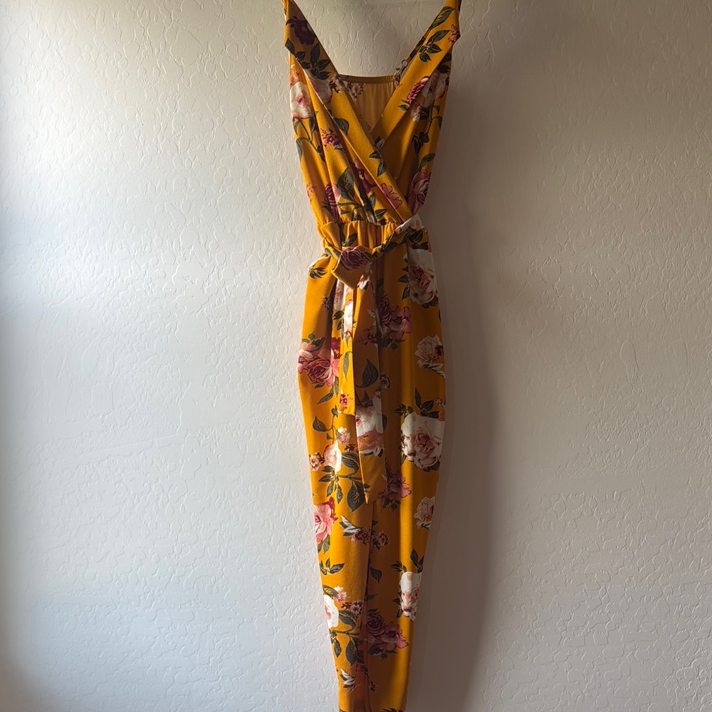 Yellow and Pink Floral Jumpsuit with Plunging V-Neckline